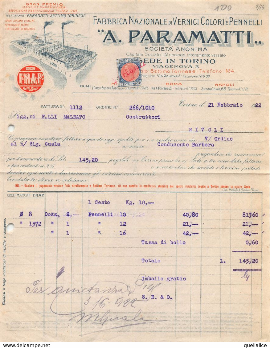 02881 "A. PARAMATTI - TORINO - FABBRICA NAZ.LE DI VERNICI COLORI E PENNELLI" FATTURA 1922 - Invoices