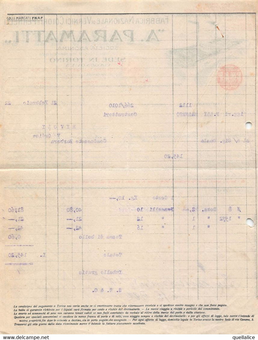 02881 "A. PARAMATTI - TORINO - FABBRICA NAZ.LE DI VERNICI COLORI E PENNELLI" FATTURA 1922 - Invoices