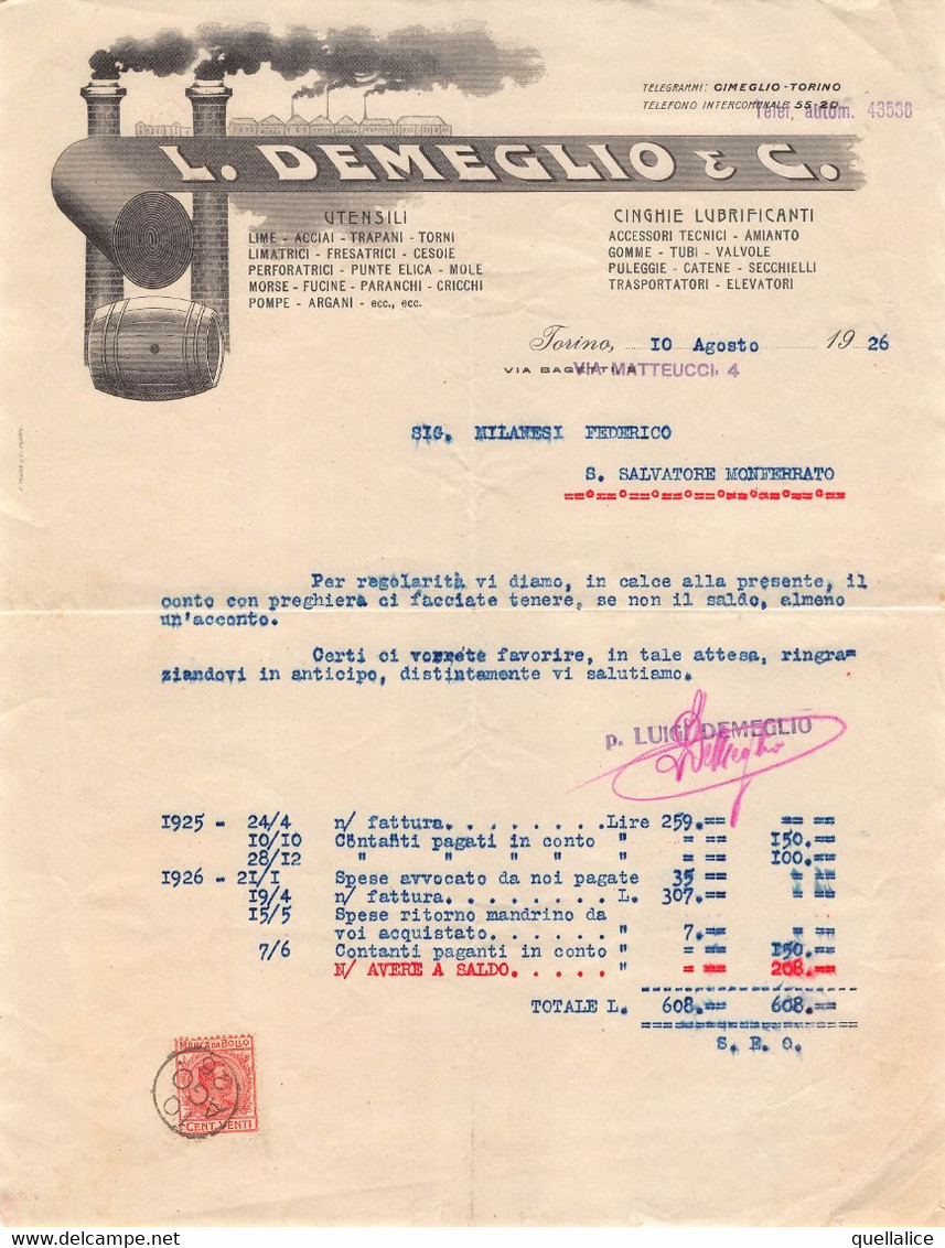 02882 "L. DEMEGLIO & C. - TORINO - UTENSILI......- CINGHIE LUBRIFICANTI......" FATTURA 1926 - Invoices