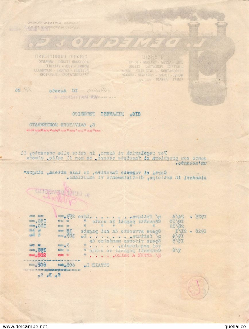 02882 "L. DEMEGLIO & C. - TORINO - UTENSILI......- CINGHIE LUBRIFICANTI......" FATTURA 1926 - Invoices