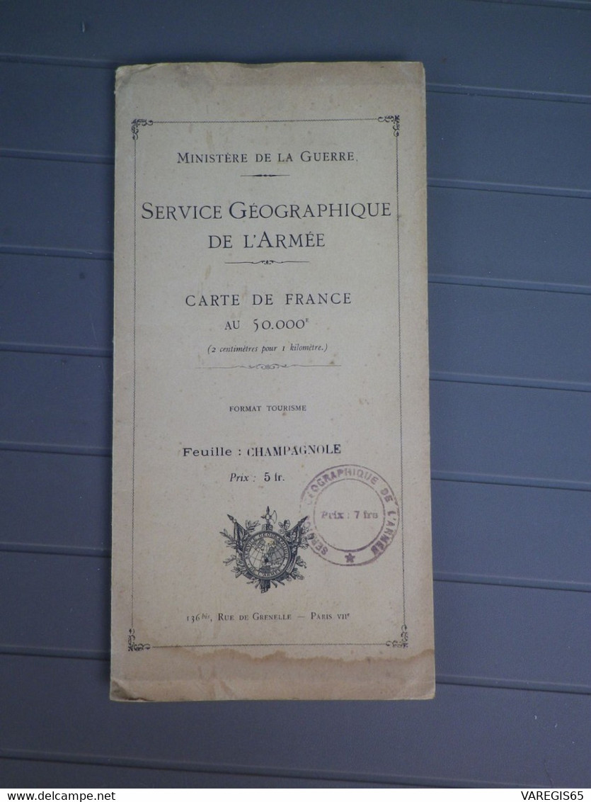 CHAMPAGNOLE - XXXIII 26 - CARTE DE FRANCE TYPE 1922 - MINISTERE DE LA GUERRE - SERVICE GEOGRAPHIQUE DE L' ARMEE 1931 - Mapas Geográficas