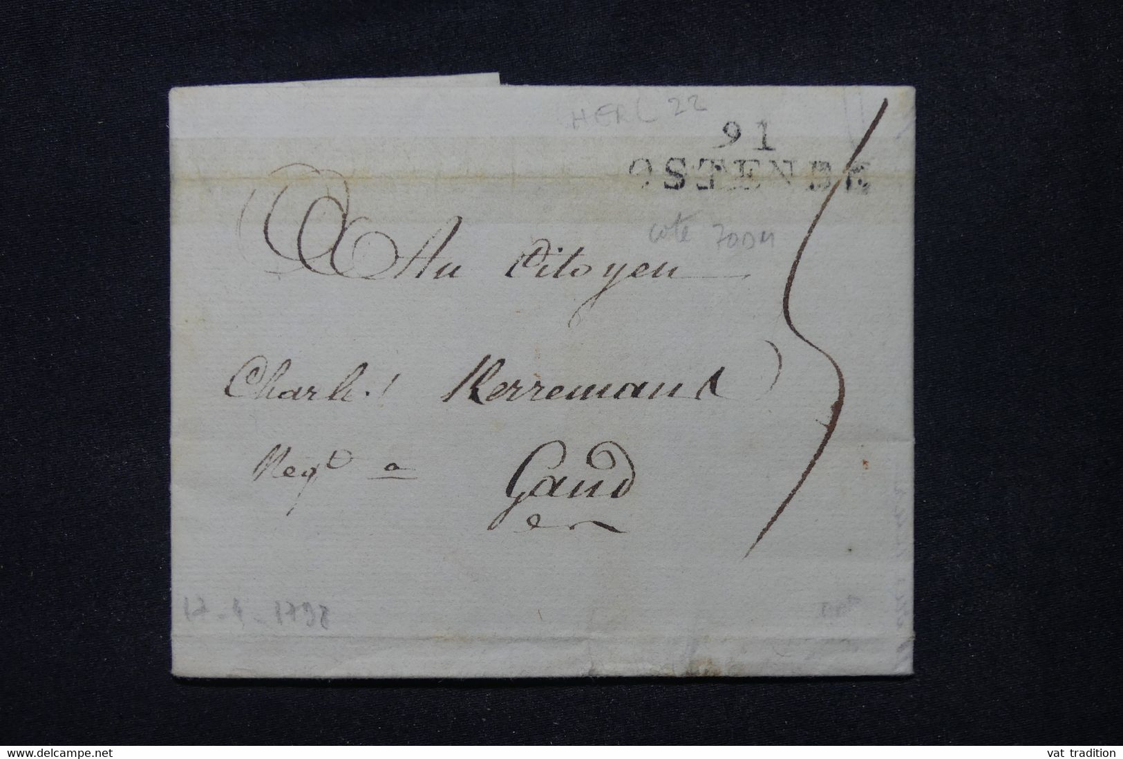 BELGIQUE. - Marque Postale De Ostende Sur Lettre Pour Gand En 1798 - L 104074 - 1794-1814 (Période Française)