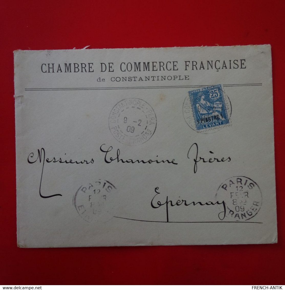 LETTRE CONSTANTINOPLE CHAMBRE DE COMMERCE POUR EPERNAY CHAMPAGNE CHANOINE 1909 - Storia Postale