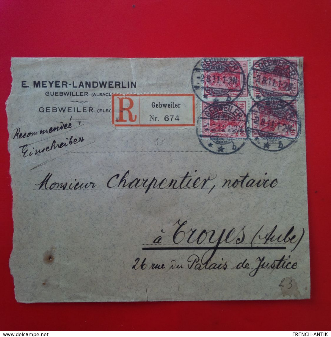 LETTRE RECOMANDE GUEBWILLER GEBWEILER MEYER LANDWERLIN POUR TROYES 1911 - Other & Unclassified