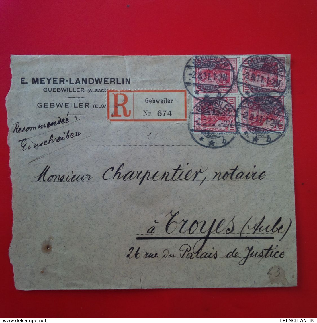 LETTRE RECOMANDE GUEBWILLER GEBWEILER MEYER LANDWERLIN POUR TROYES 1911 - Sonstige & Ohne Zuordnung