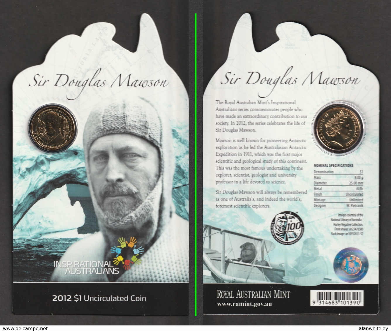 AUSTRALIA 2012 Sir Douglas Mawson AUD1.00: Single Coin (in Pack) BRILLIANT UNCIRCULATED - Mint Sets & Proof Sets