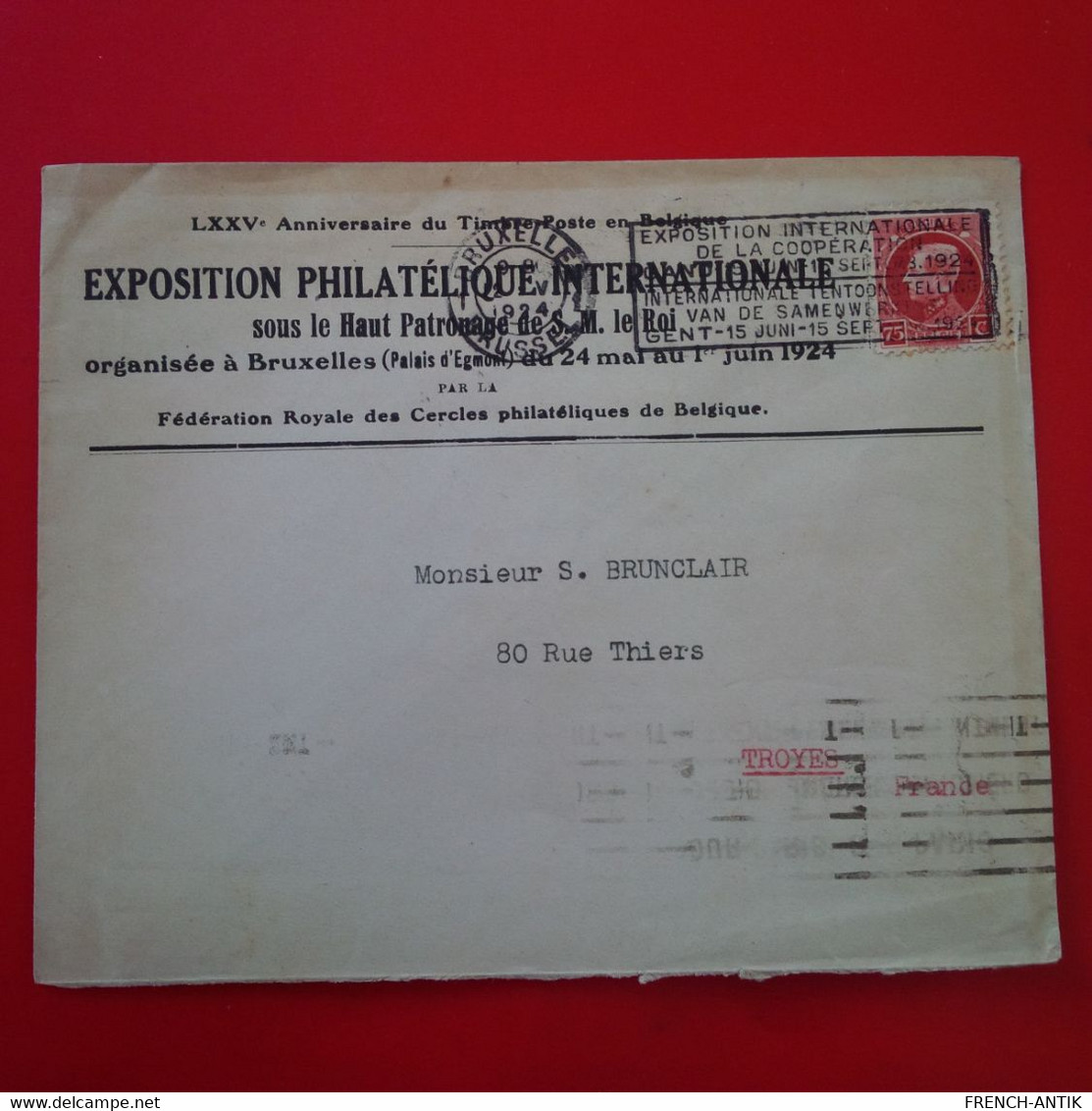 LETTRE BRUXELLES EXPOSITION PHILATELIQUE INTERNATIONALE 1924 VIGNETTE POUR TROYES - Briefe U. Dokumente