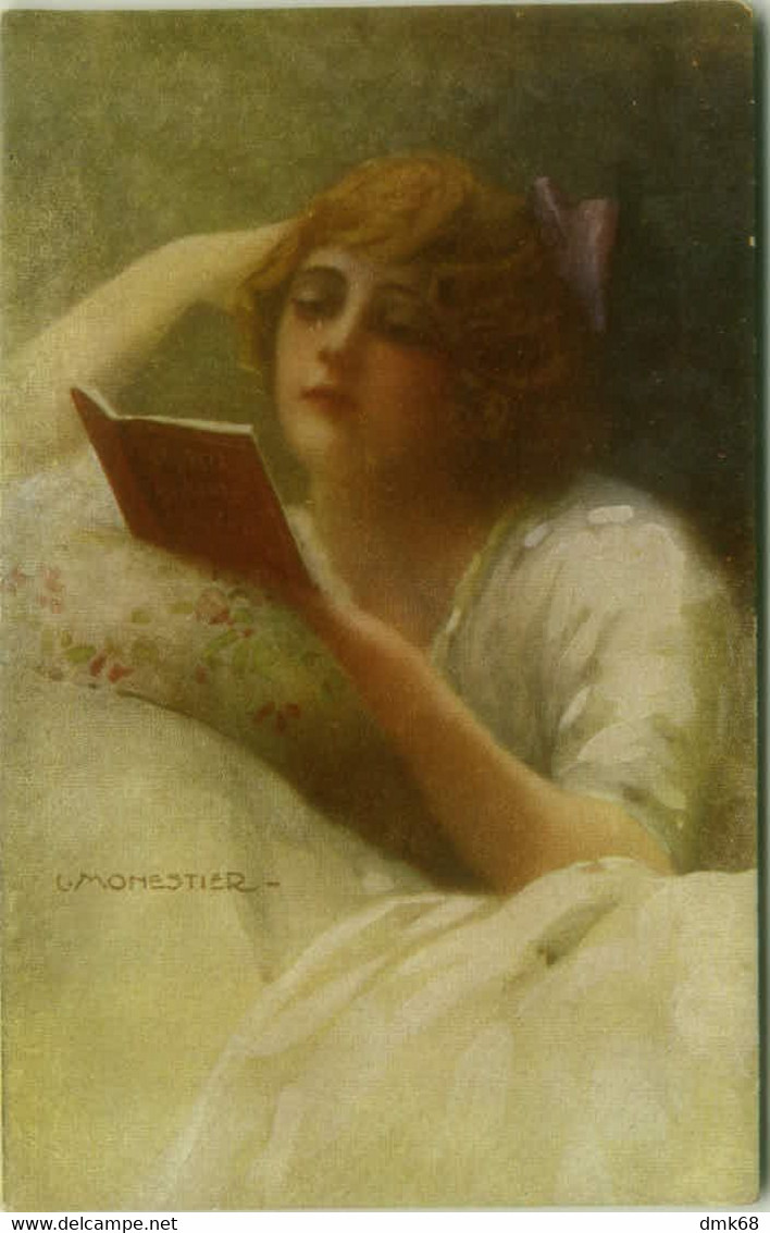 MONESTIER SIGNED 1920s POSTCARD - WOMAN READING BOOK - N. 286 (BG1907) - Monestier, C.