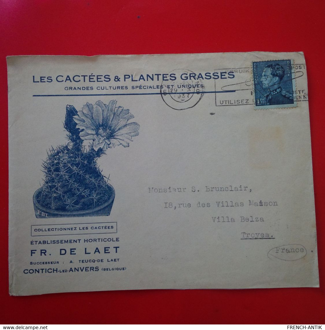 LETTRE CONTICH LEZ ANVERS LES CACTEES ET PLANTES GRASSES POUR TROYES 1937 - Covers & Documents