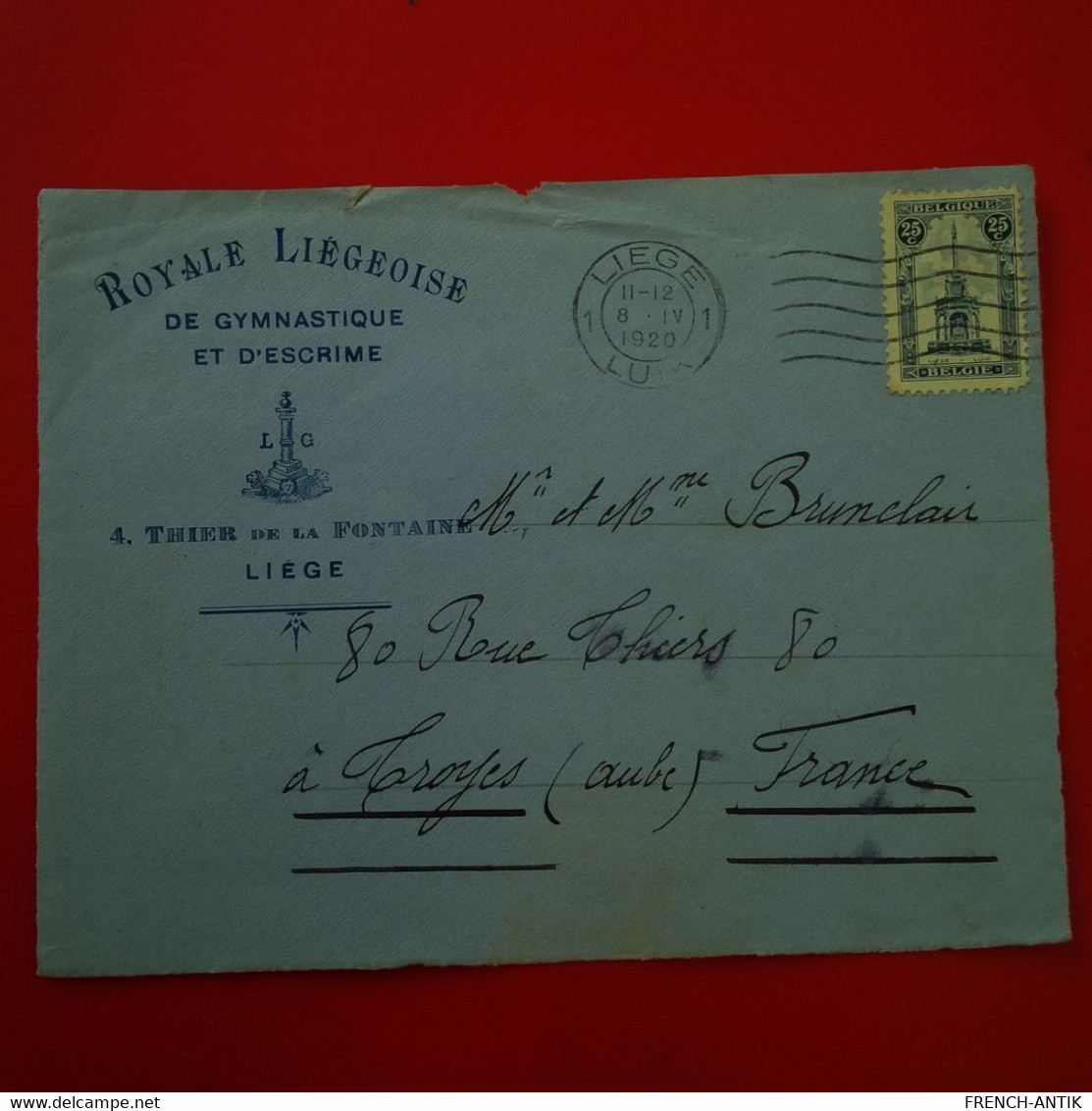 DEVANT DE LETTRE ROYALE LIEGEOISE DE GYMNASTIQUE ET D ESCRIME POUR TROYES 1920 - Covers & Documents