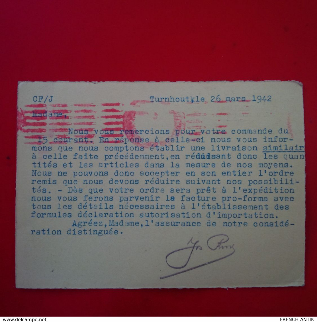 LETTRE TURNHOUT ETABLISSEMENT HENRI PROOST ET CIE CACHET OBERKOMMANDO POUR TROYES 1942 - Guerra 40 – 45 (Cartas & Documentos)