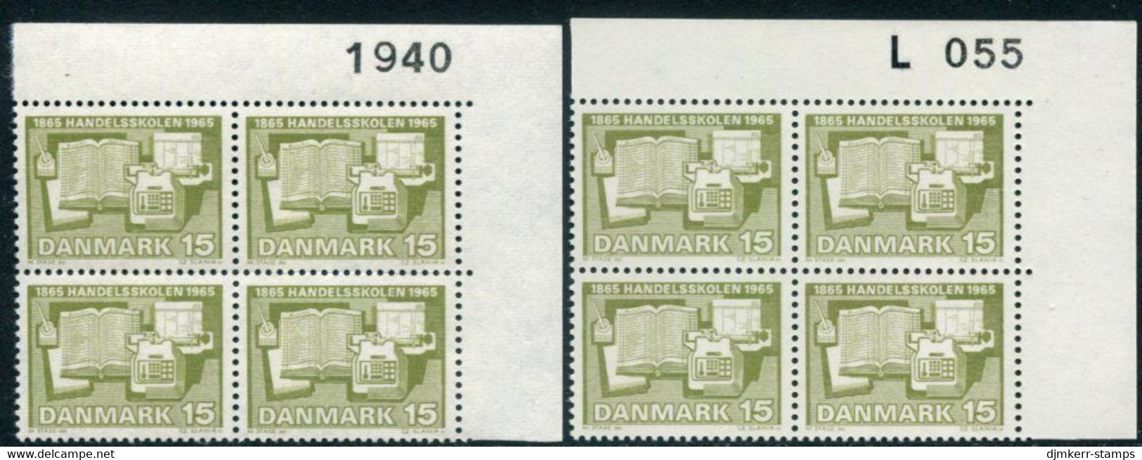 DENMARK 1965 Centenary Of Commercial Colleges Both Papers In Block Of 4 With Control Number MNH / **. Michel 426x,y - Neufs