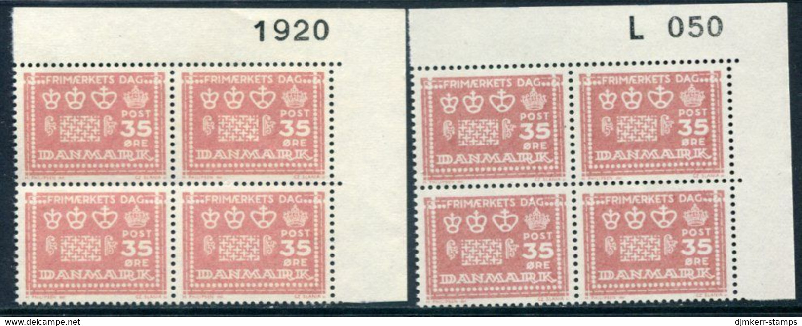 DENMARK 1964 Stamp Day Both Papers In Blocks Of 4 With Control Number MNH / **. Michel 424x,y - Ungebraucht