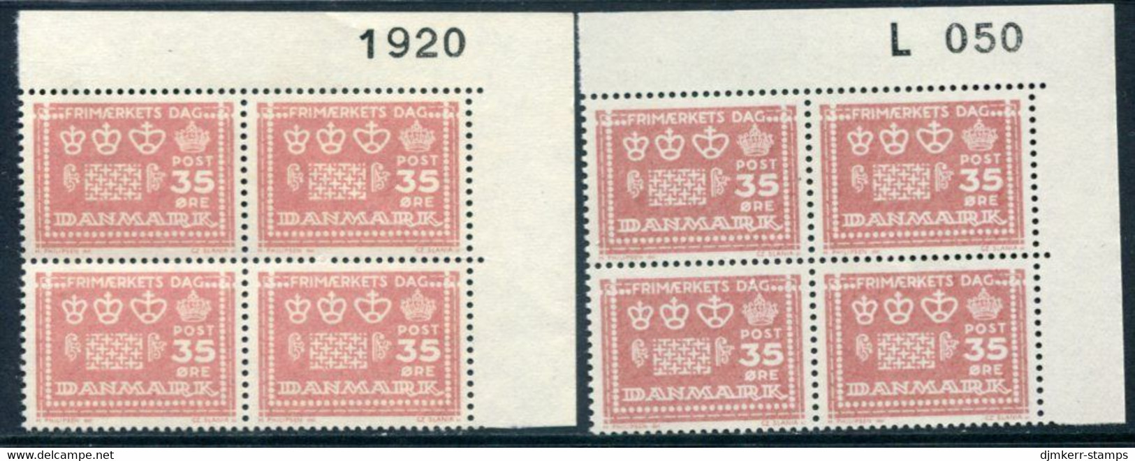 DENMARK 1964 Stamp Day Both Papers In Blocks Of 4 With Control Number MNH / **. Michel 424x,y - Nuovi