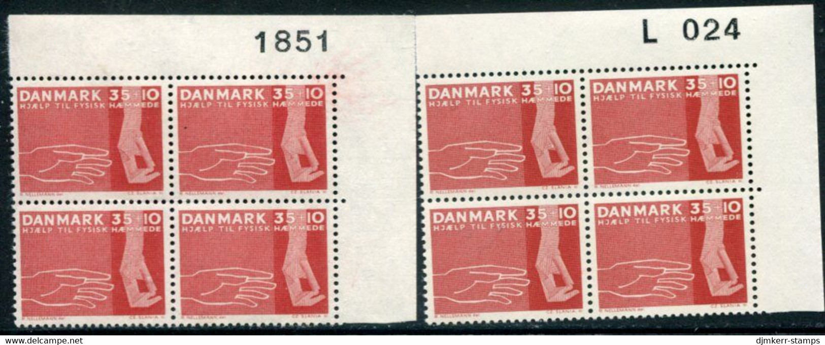 DENMARK 1963 Aid For Physically Handicapped Both Papers In Blocks Of 4 With Control Number MNH / **. Michel 415x,y - Nuovi