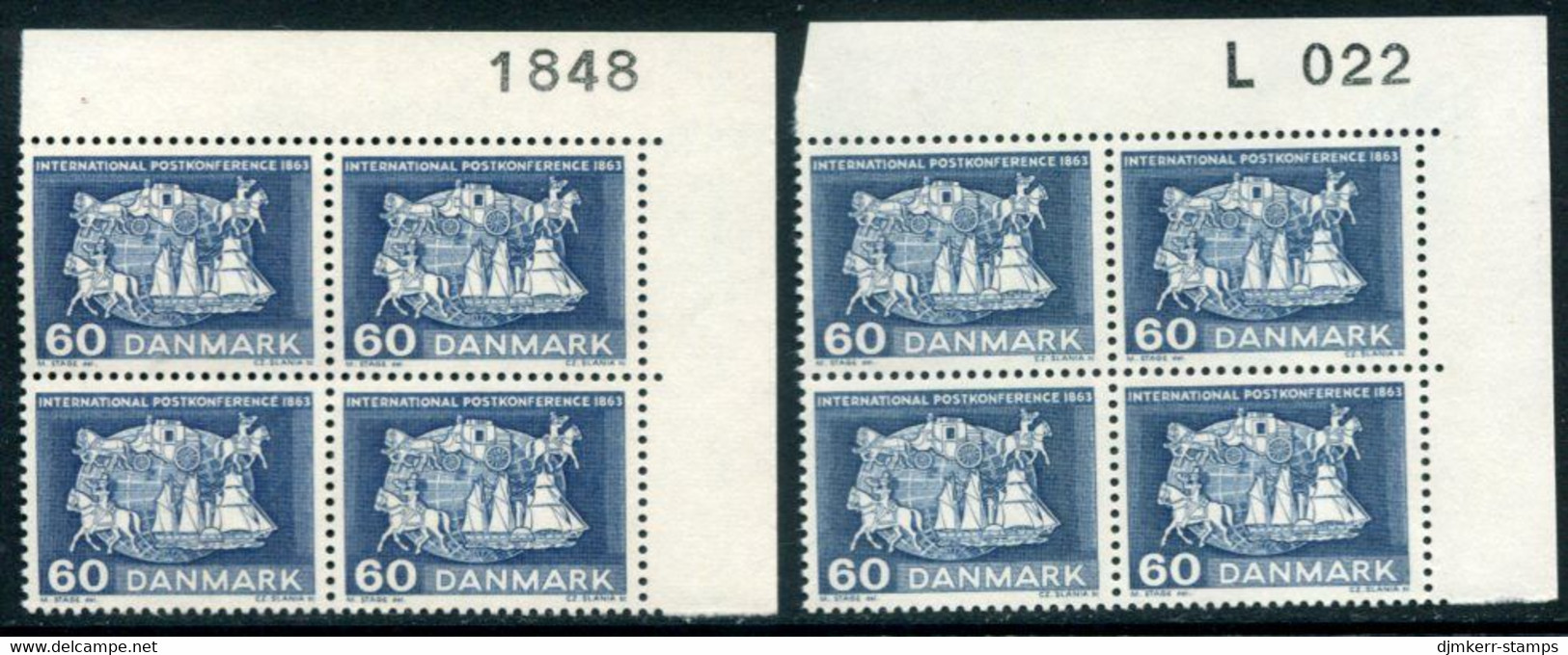 DENMARK 1963 Postal Conference Centenary Both Papers In Blocks Of 4 With Control Number MNH / **. Michel 414x,y - Nuovi