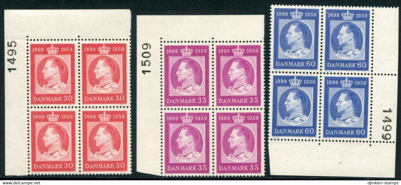 DENMARK 1959 King's 60th Birthday In Blocks Of 4 With Control Number MNH / **. Michel 371-73 - Nuevos