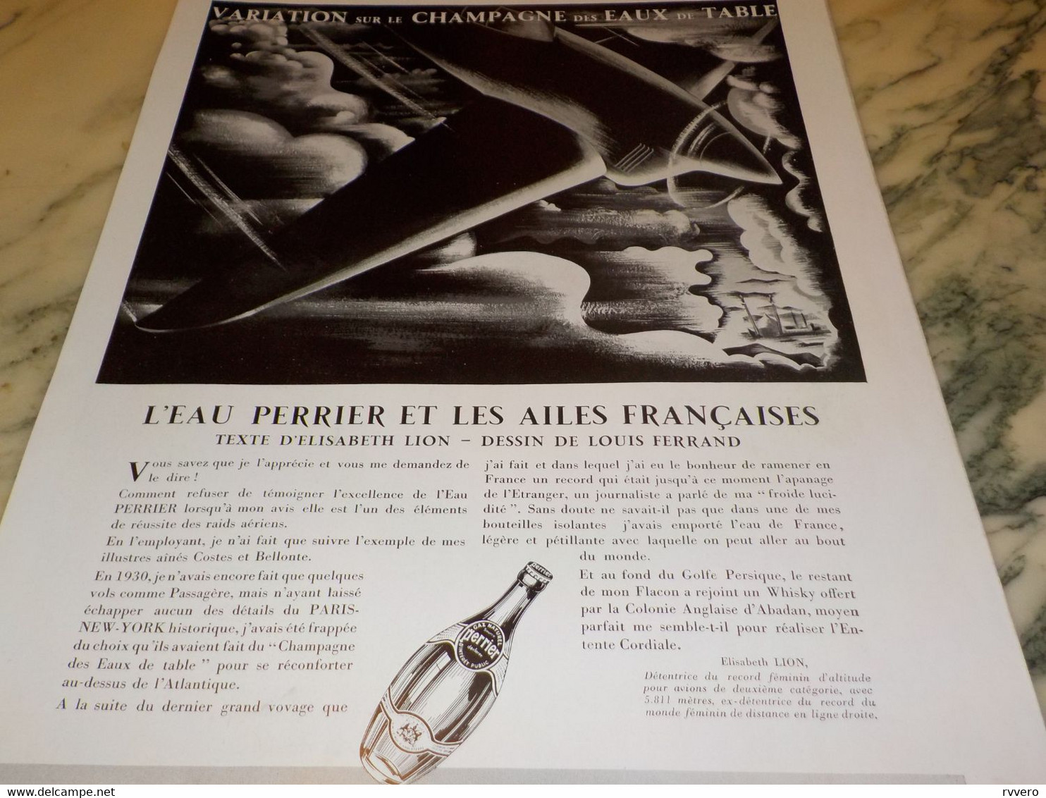 ANCIENNE PUBLICITE LES AILES FRANCAISES ET  PERRIER  1938 - Perrier