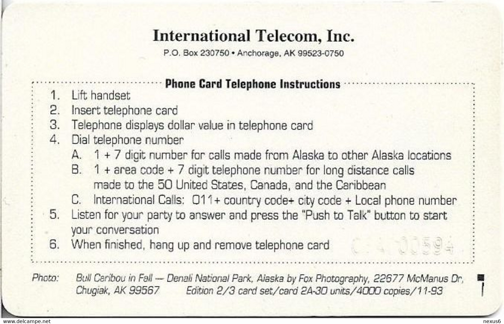 Alaska - Intl. Telecom INC - Caribou In Fall, SC5, 11.1993, 10.50$, 4.000ex, Used - Chipkaarten