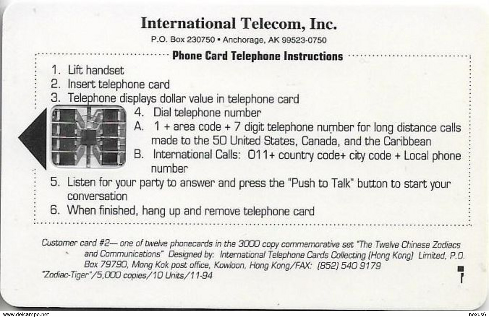 Alaska - Intl. Telecom INC - Phonecard Expo 94 Tiger, SC7, 11.1994, 3.50$, 5.000ex, Mint - [2] Chipkarten