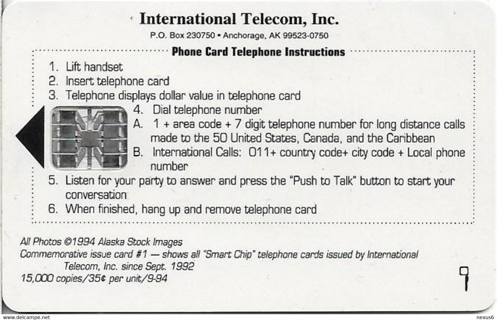 Alaska - Intl. Telecom INC - Visit Alaska, SC7, 09.1994, 20U, 15.000ex, Mint - Cartes à Puce