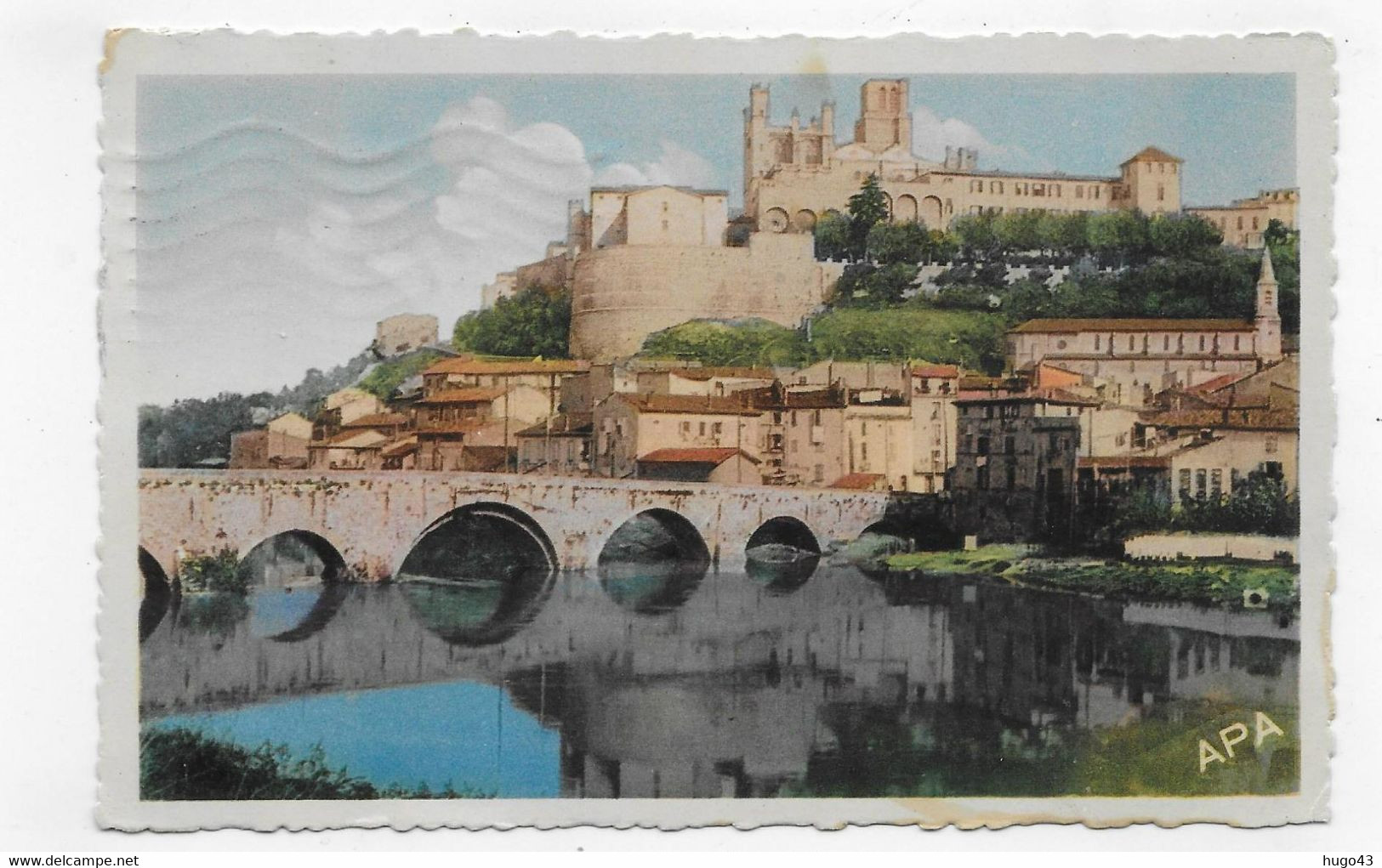 (RECTO / VERSO) BEZIERS EN 1945 - N° 1 - VUE GENERALE ET LE PONT VIEUX - TACHES AU DOS - BEAU CACHET - FORMAT CPA - Beziers