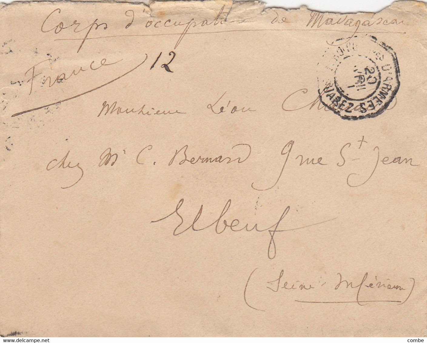 LETTRE. 20 AVRIL 1901. CORPS D'OCCUPATION DE MADAGASCAR. CORces DES ARMEES. DIEGO-SUAREZ. VERSO ARRIVEE ELBEUF 14 5 01/2 - Briefe U. Dokumente