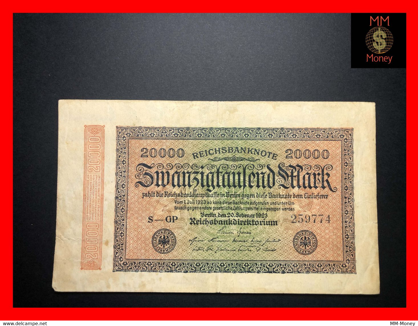 GERMANY 20.000  20000 Mark  20.2.1923  P.  85 B    VF - 20000 Mark