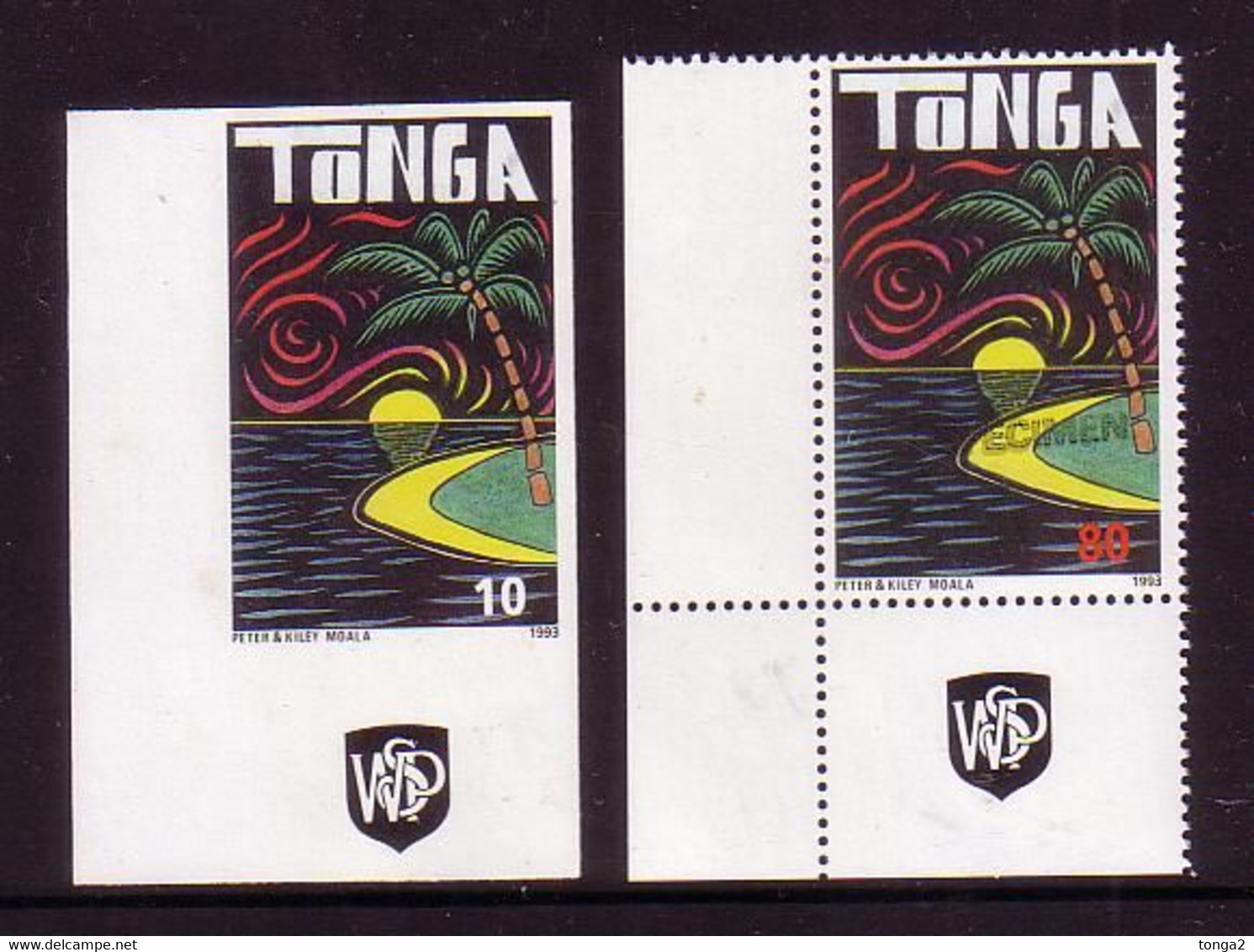 Tonga 1993 Imperf Plate Proof + Specimen - Island Scene - Palm Tree, Moon - Islas