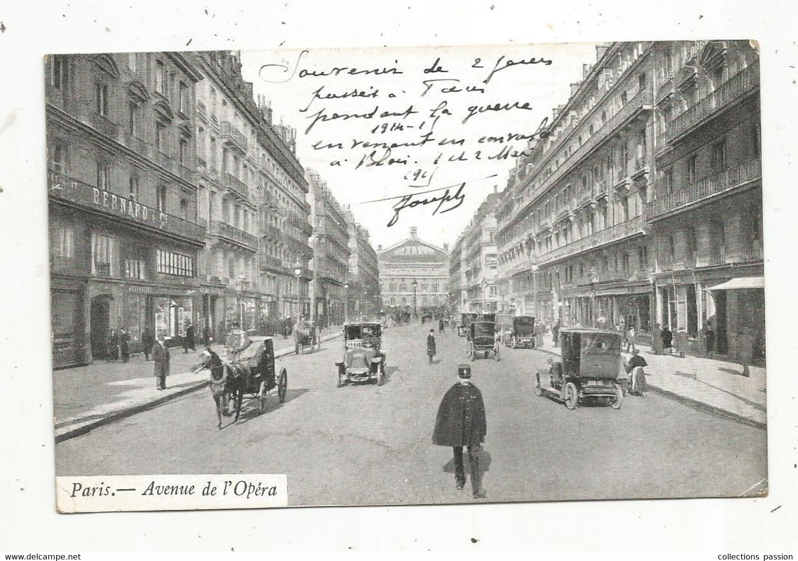 Cp , Métier , POLICE , Agent De Police , 75 ,PARIS , Avenue De L'Opéra , Automobiles , Attelage ,écrite 1915 - Politie-Rijkswacht