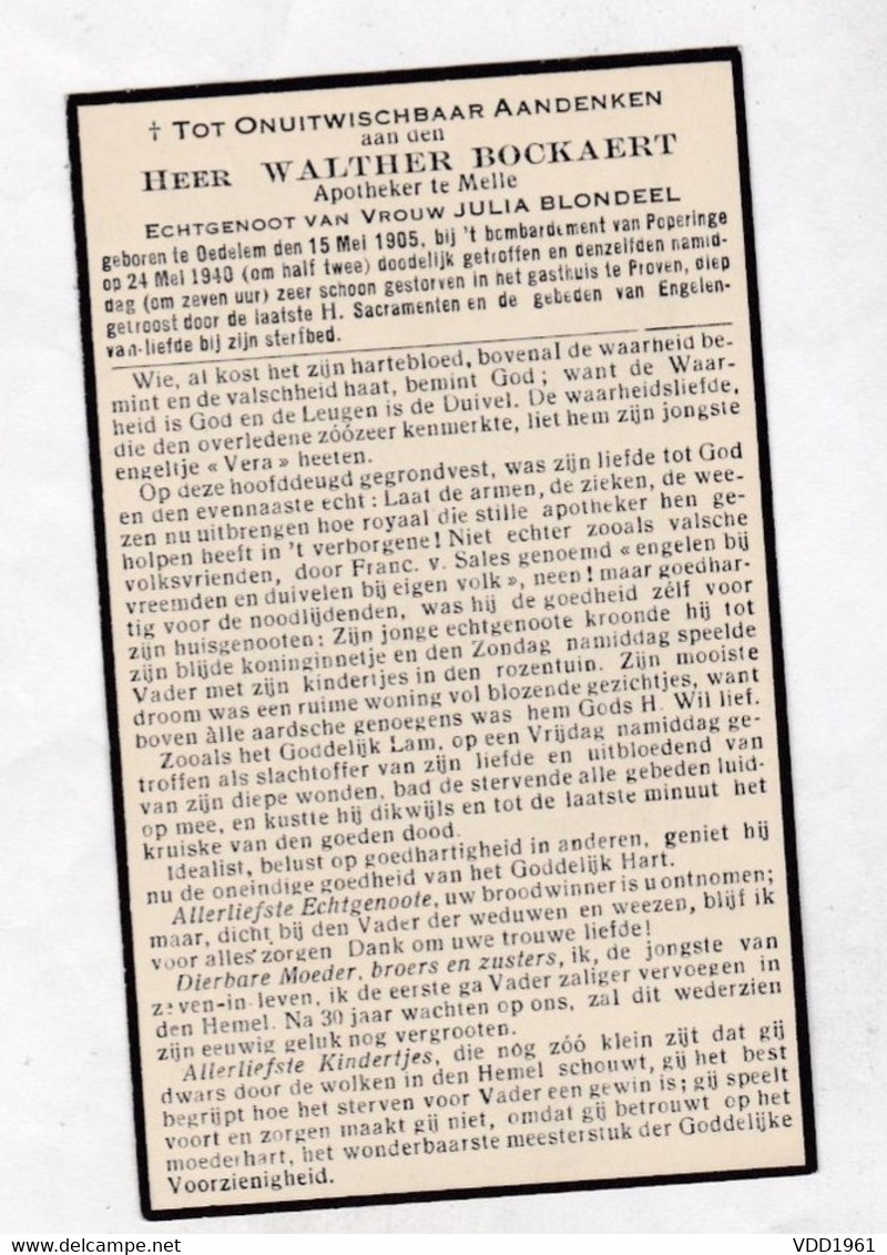 =   OORLOGSSLACHTOFFER °W.BOCKAERT OEDELEM +Bombardement POPERINGE Mei 1940 - PROVEN  Apotheker Te MELLE - Imágenes Religiosas