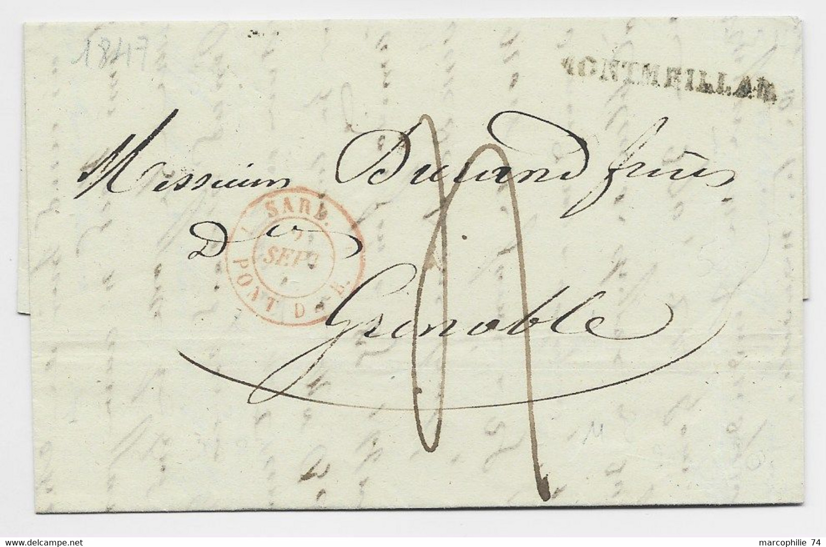 PETITE MARQUE SARDE SAVOIE MONTMEILLAN 1847 LETTRE + GRENOBLE + CACHET ROUGE SARD PONT DE B. - 1801-1848: Precursors XIX