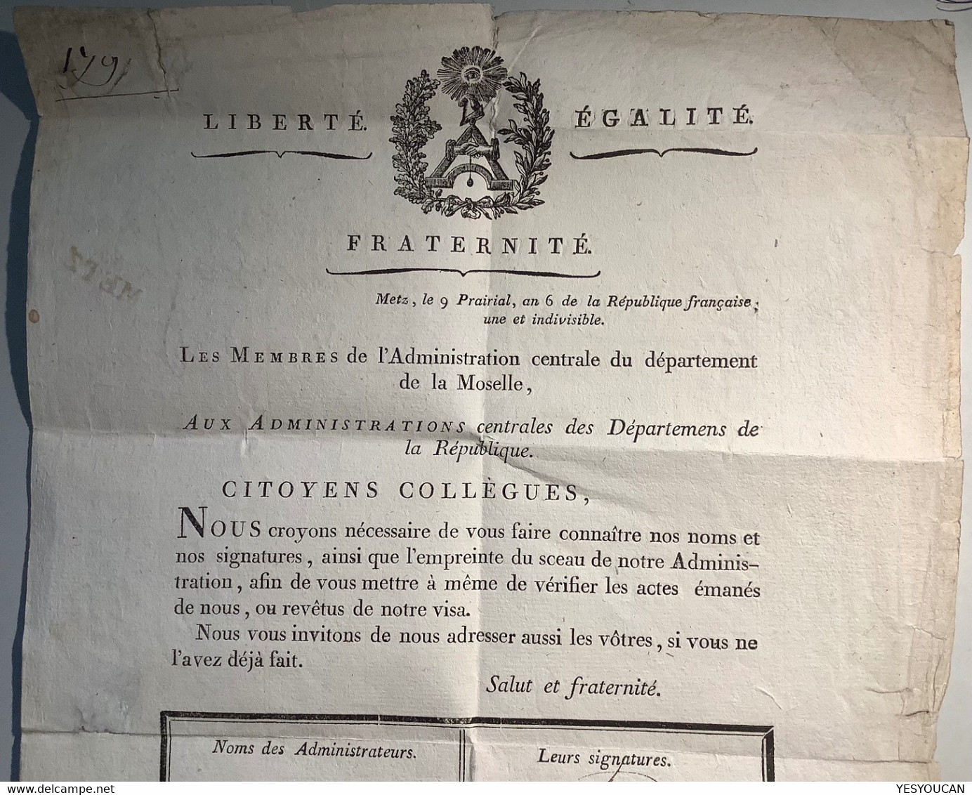 "55 METZ" Lettre Franchise 1798 DOCUMENT AUTOGRAPHE REVOLUTIONNAIRE RARE (France Revolution Francaise An 6 Moselle - 1701-1800: Précurseurs XVIII