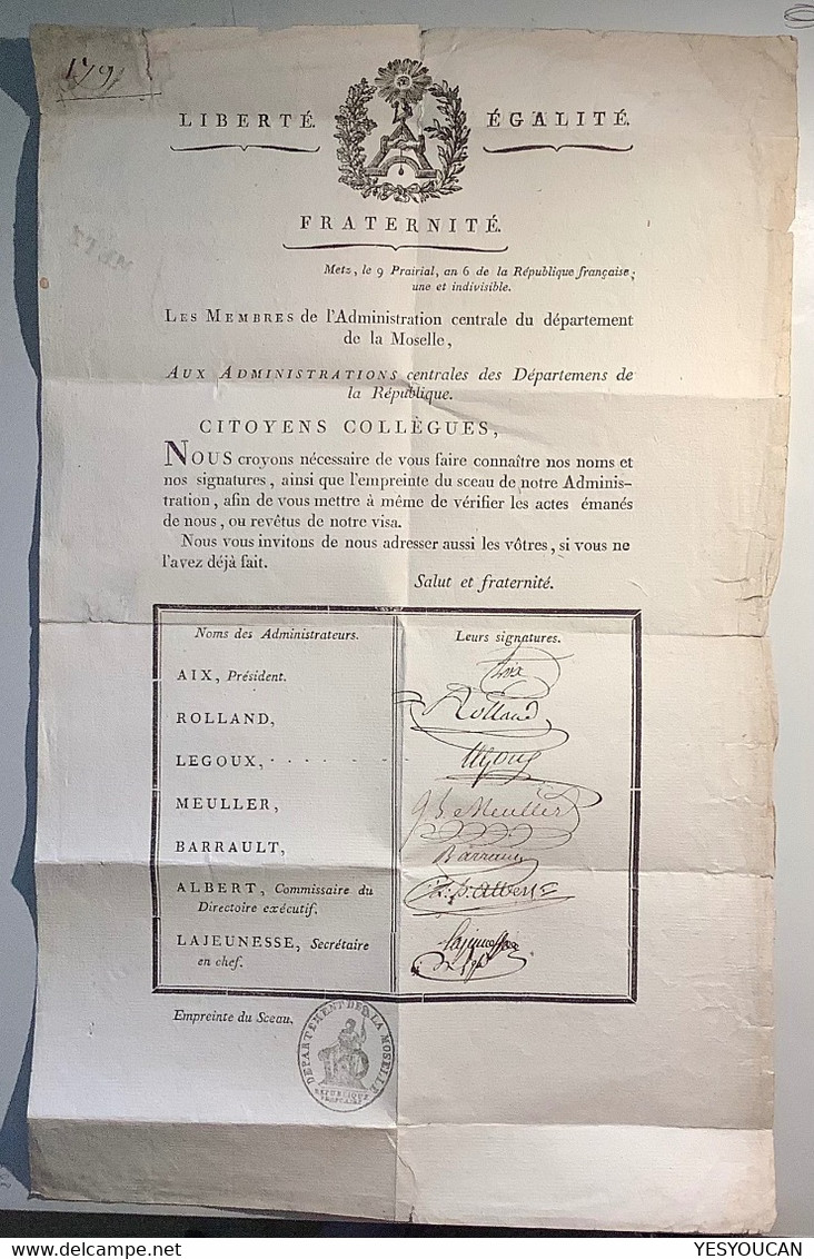 "55 METZ" Lettre Franchise 1798 DOCUMENT AUTOGRAPHE REVOLUTIONNAIRE RARE (France Revolution Francaise An 6 Moselle - 1701-1800: Précurseurs XVIII