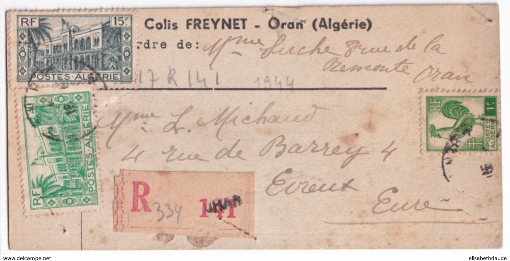 ALGERIE - 1944 - CARTON COLIS RECOMMANDE ! De ORAN => EVREUX (EURE) - Storia Postale