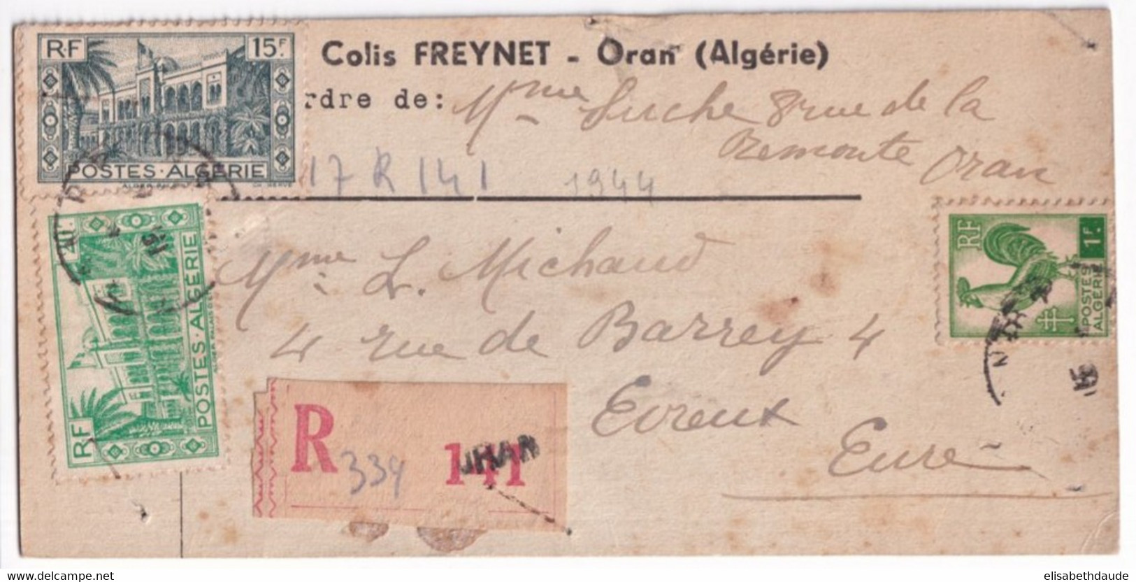 ALGERIE - 1944 - CARTON COLIS RECOMMANDE ! De ORAN => EVREUX (EURE) - Covers & Documents