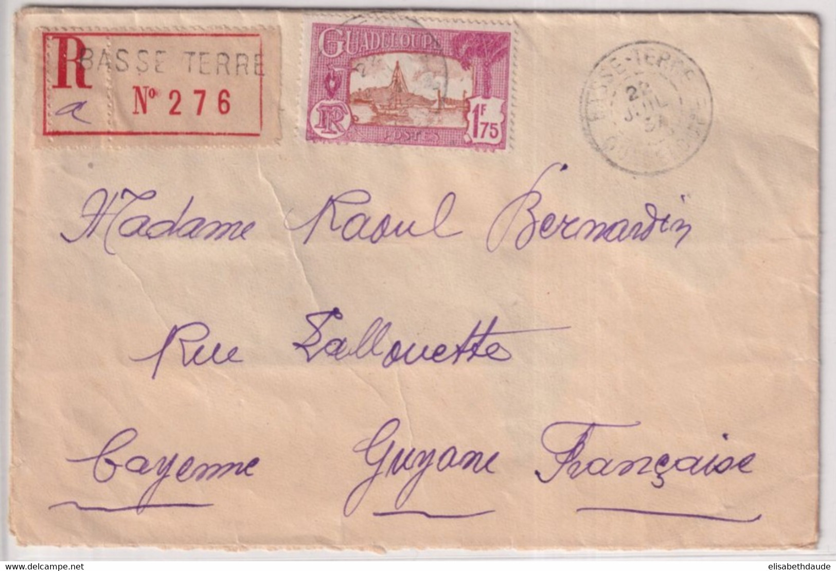 GUADELOUPE - 1937 - 1.75 RARE SEUL Sur LETTRE (COTE DALLAY = 120 EUR) RECOMMANDEE De BASSE TERRE => CAYENNE (GUYANE) ! - Lettres & Documents