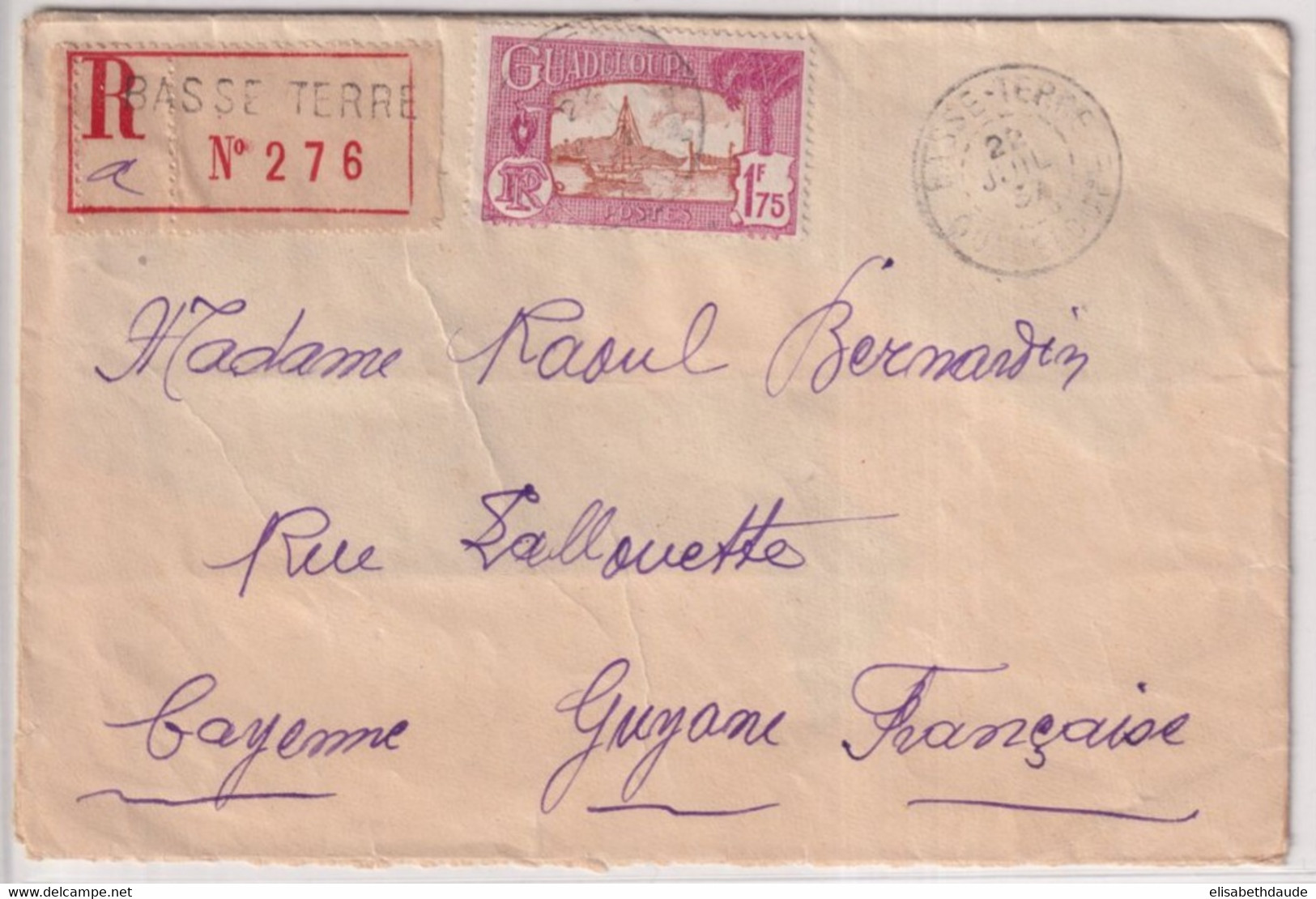 GUADELOUPE - 1937 - 1.75 RARE SEUL Sur LETTRE (COTE DALLAY = 120 EUR) RECOMMANDEE De BASSE TERRE => CAYENNE (GUYANE) ! - Briefe U. Dokumente