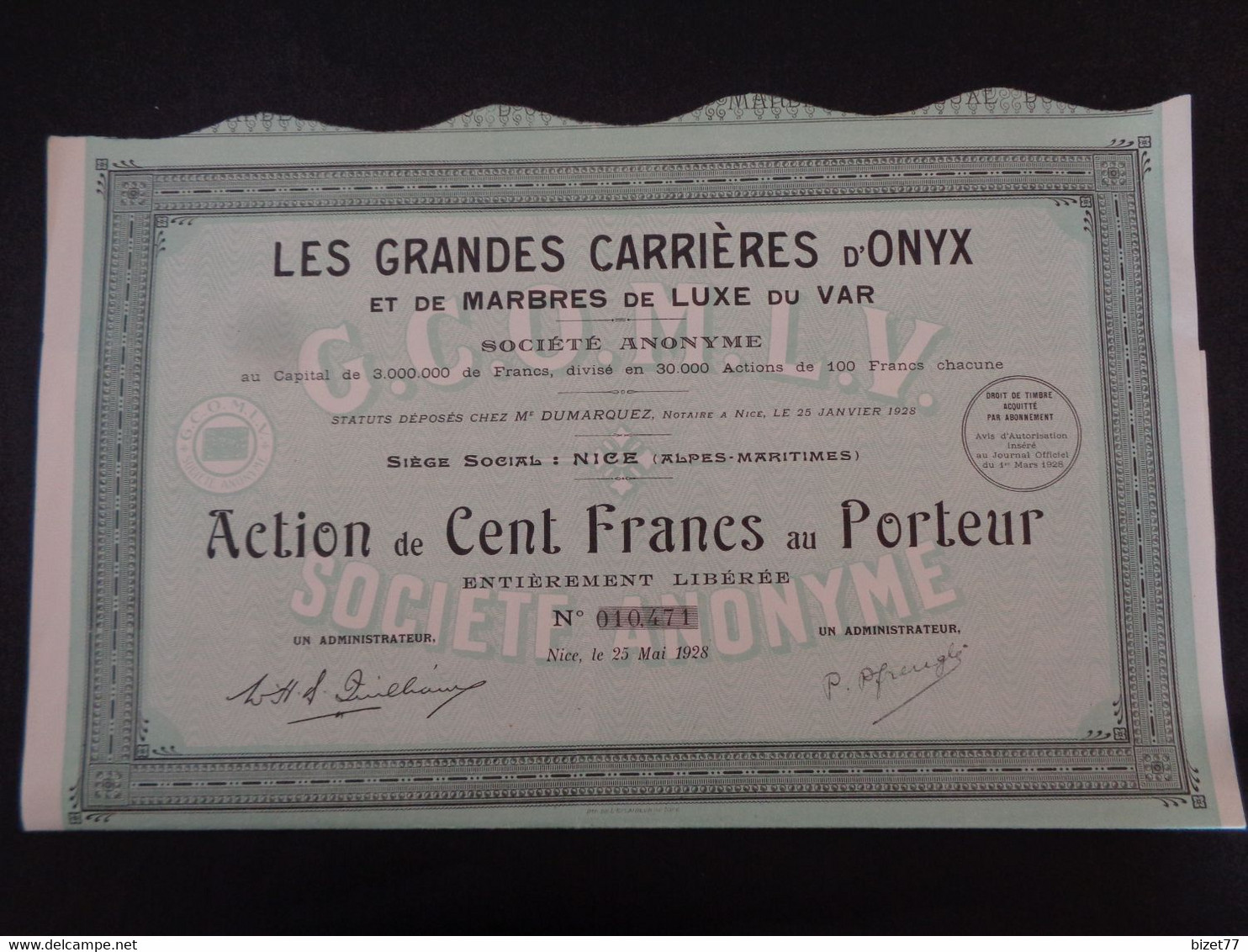 FRANCE - LES GRANDES CARRIERES D'ONYX ET DE MARBRES DE LUXE DU VAR - ACTION DE 100 FRS - NICE 1928 - Andere & Zonder Classificatie