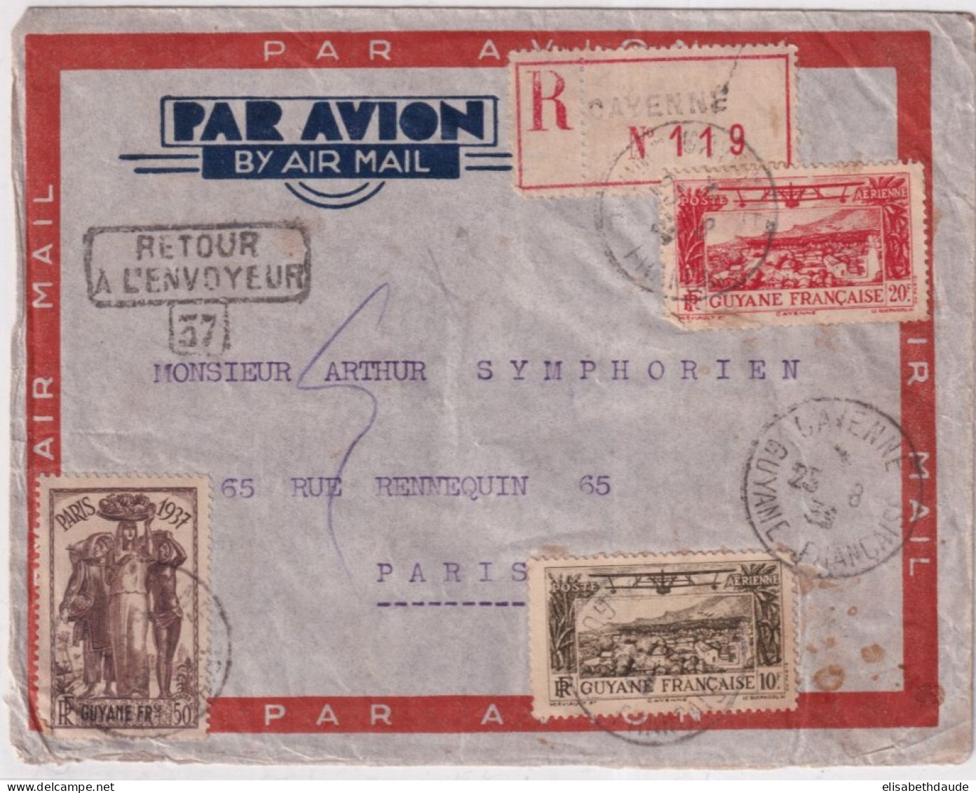 GUYANE - 1939 - RARE COMBINAISON POSTE AERIENNE Sur LETTRE RECOMMANDEE De CAYENNE => PARIS "RETOUR A L'ENVOYEUR" - Covers & Documents