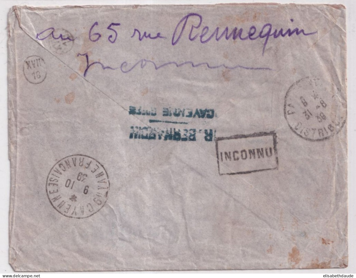 GUYANE - 1939 - RARE COMBINAISON POSTE AERIENNE Sur LETTRE RECOMMANDEE De CAYENNE => PARIS "RETOUR A L'ENVOYEUR" - Cartas & Documentos
