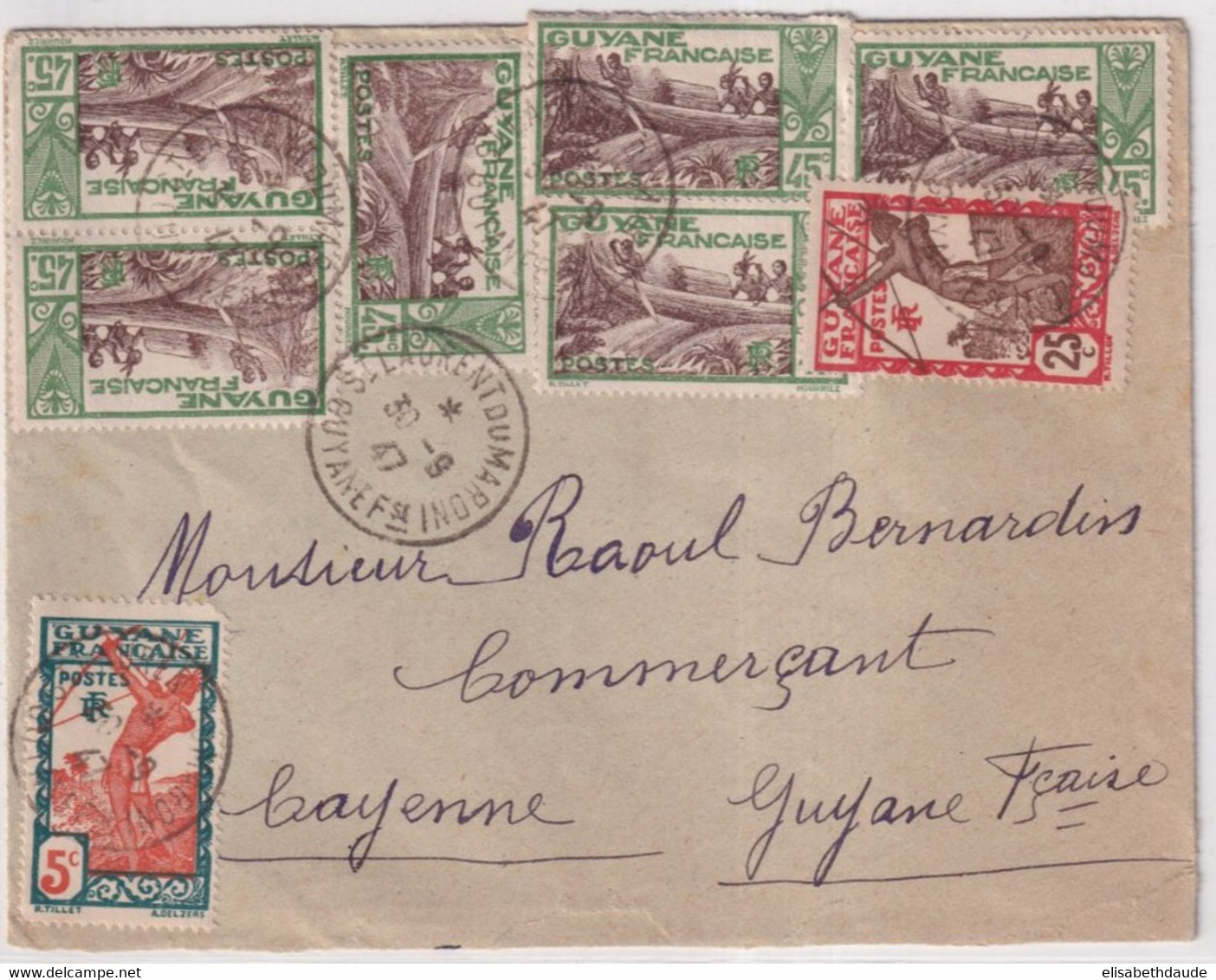 GUYANE - 1947 - AFFR. SPECTACULAIRE Sur LETTRE De ST LAURENT DU MARONI => CAYENNE - Lettres & Documents