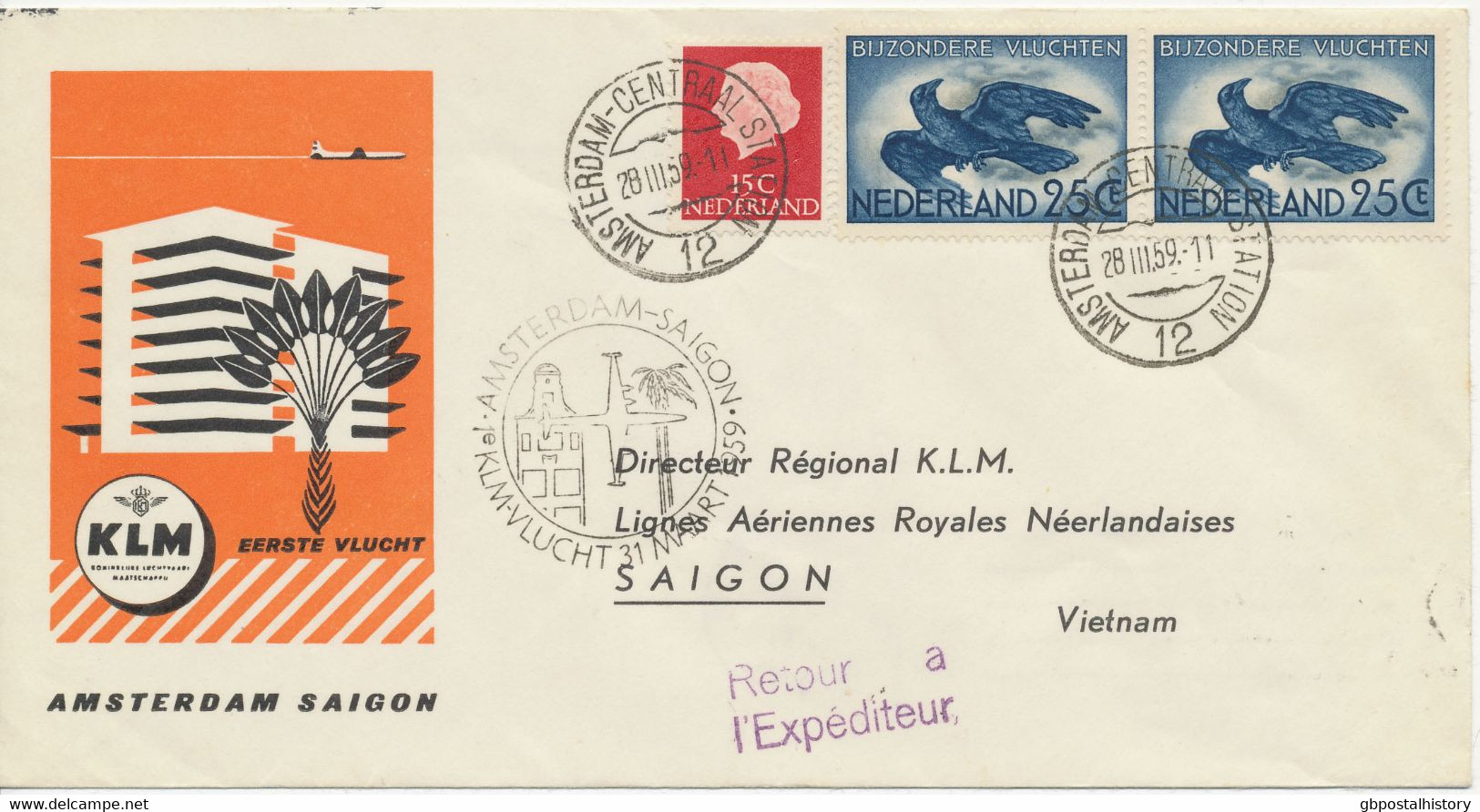 NIEDERLANDE 1959, Pra.-Erstflug KLM "AMSTERDAM - SAIGON, Vietnam" M. Mischfrankatur - Posta Aerea