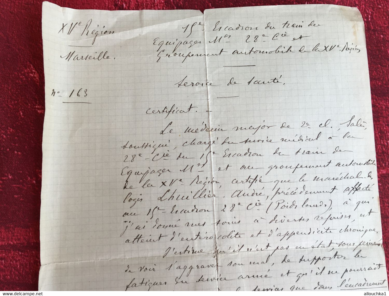 WWI 1915-XVé Escadron Train 28é Cie Automobile Certificat Médical Manuscrit Docteur-☛Documents Guerre-☛Mchl Logis Lhuill - Documenti