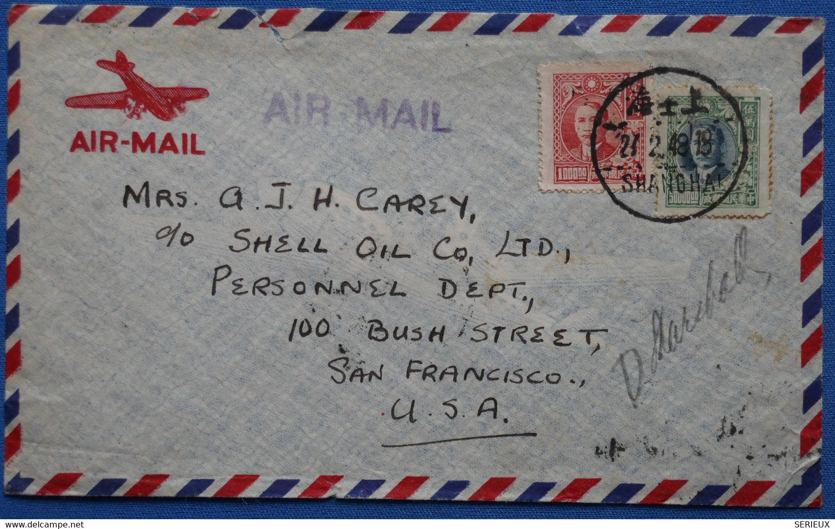 C CHINA BELLE LETTRE 1948  AIR MAIL SHANGAI POUR SAN FRANCISCO USA  + AFFRANCHISSEMENT INTERESSANT - 1943-45 Shanghai & Nankin