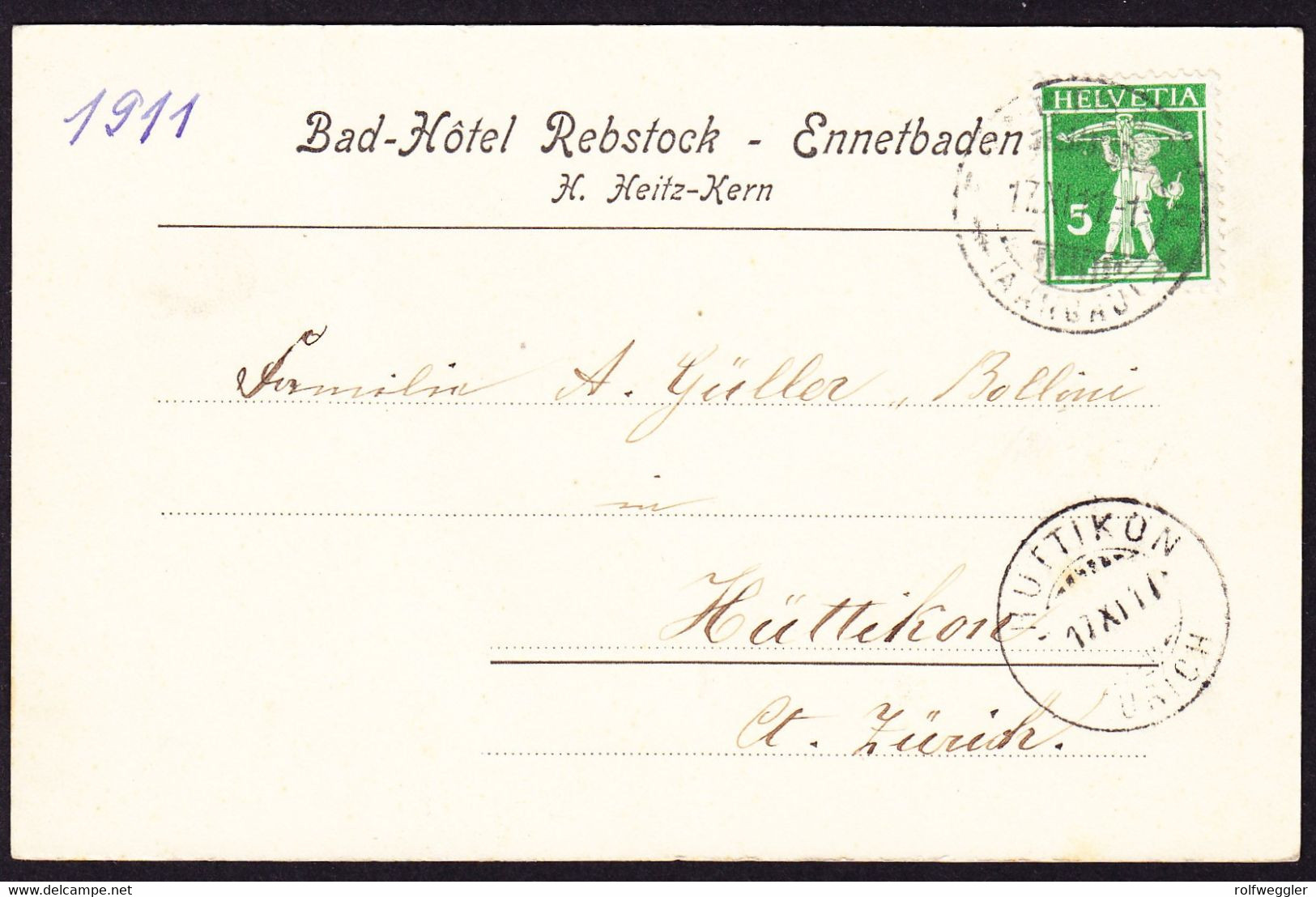 1911 Gelaufene AK: Badhotel Rebstock In Ennetbaden. Schwache Bugspur - Ennetbaden