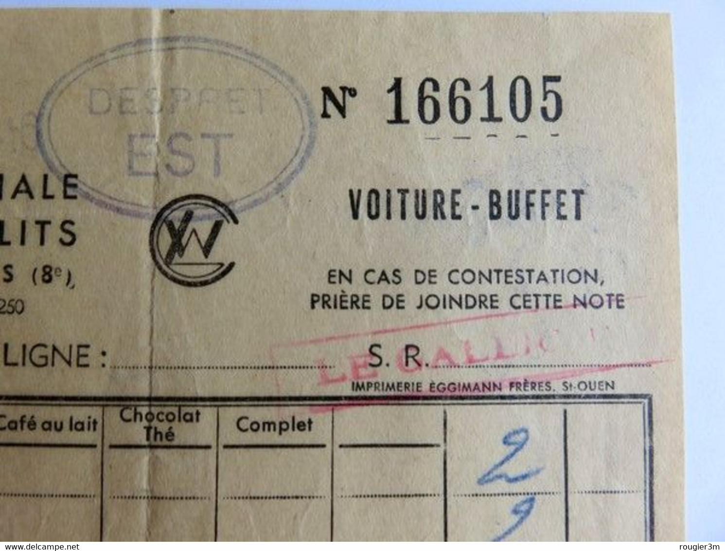 531 - Facture Voiture Buffet - Cie Des Wagons-lits  1946 - Despret Est  - Chemin De Fer - Europa