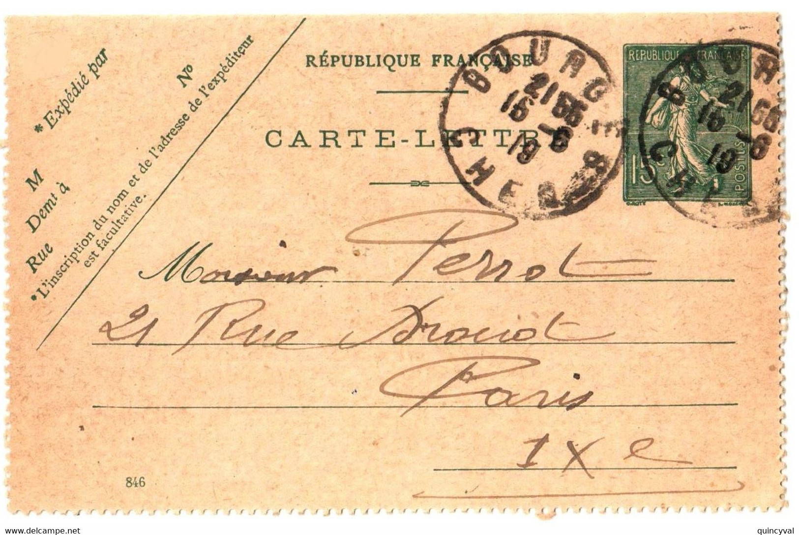 BOURGES Cher Carte Lettre 15c Semeuse Lignée Millésime 846 Ob 16 6 1919 Storch B7 Yv 130 - Kaartbrieven