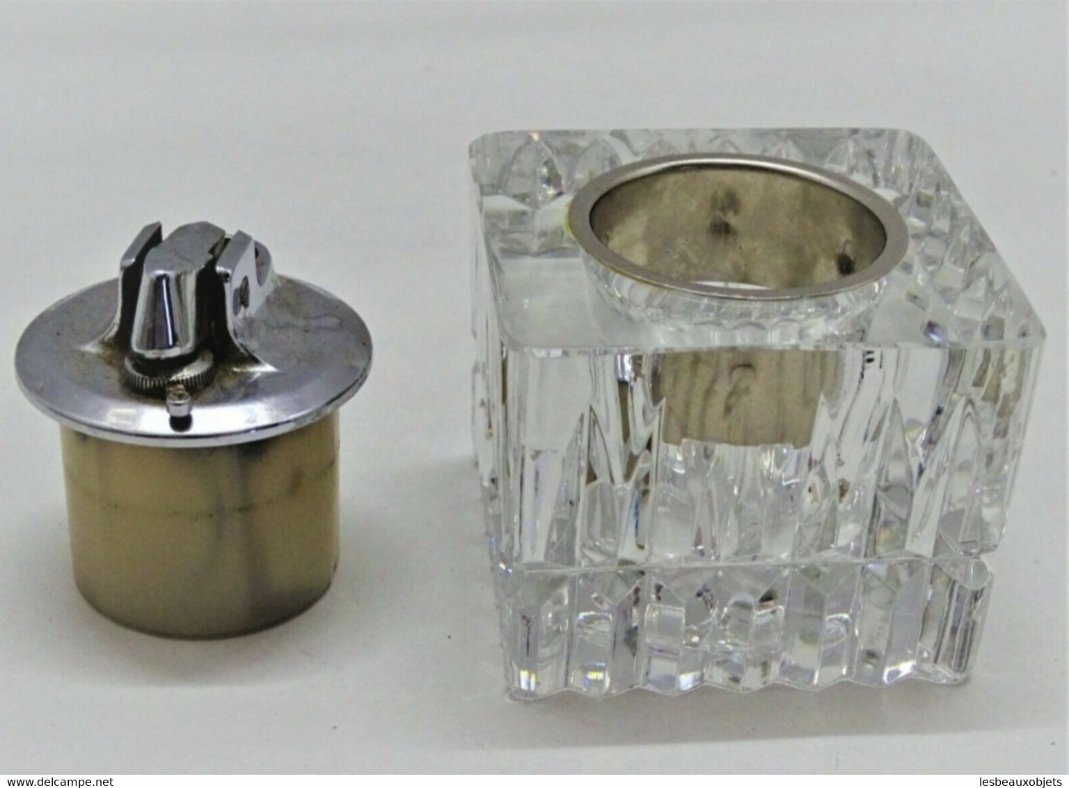 SUPPORT BRIQUET de table CRISTAL TAILLE ANNEES 70/80 & Briquet RONSON incomplet COLLECTION DECO vintage