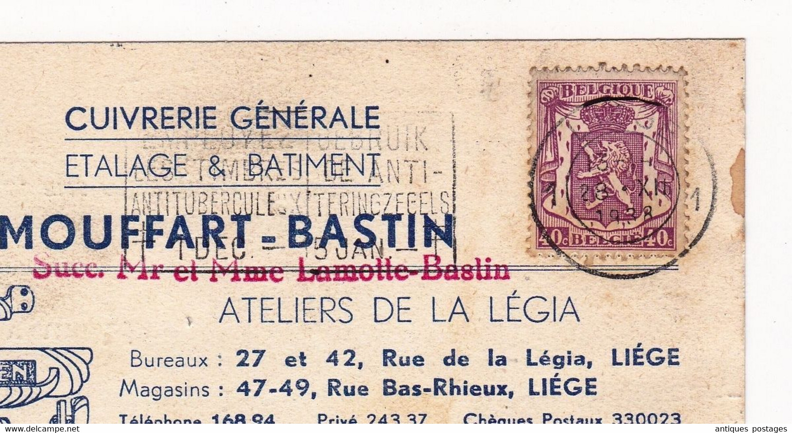 Carte Liège 1938 Belgique Maison Georges Mouffart Bastin Gemo Cuivre Cuivrerie Cooper - 1936-1951 Poortman